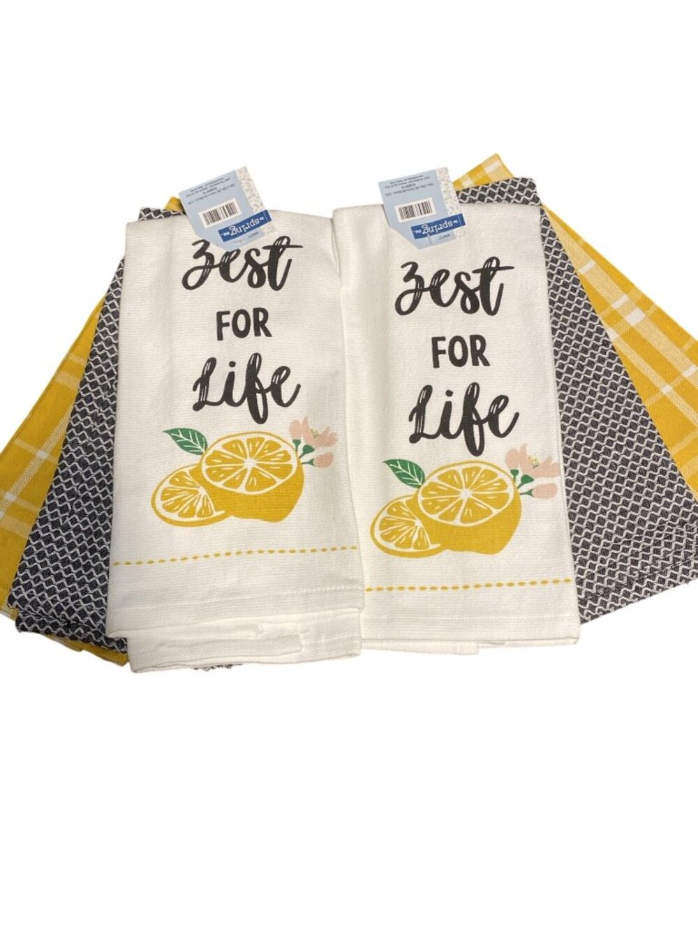 LOT of 6 Kitchen Hand Tea Dish Towels Lemon Zest For Life Black White Yellow Set